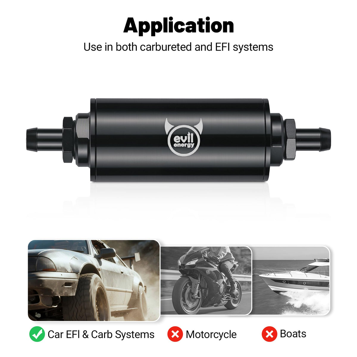 EVIL ENERGY three barb adapters displayed for 1/2, 3/8, 5/16 hose fitment benefit