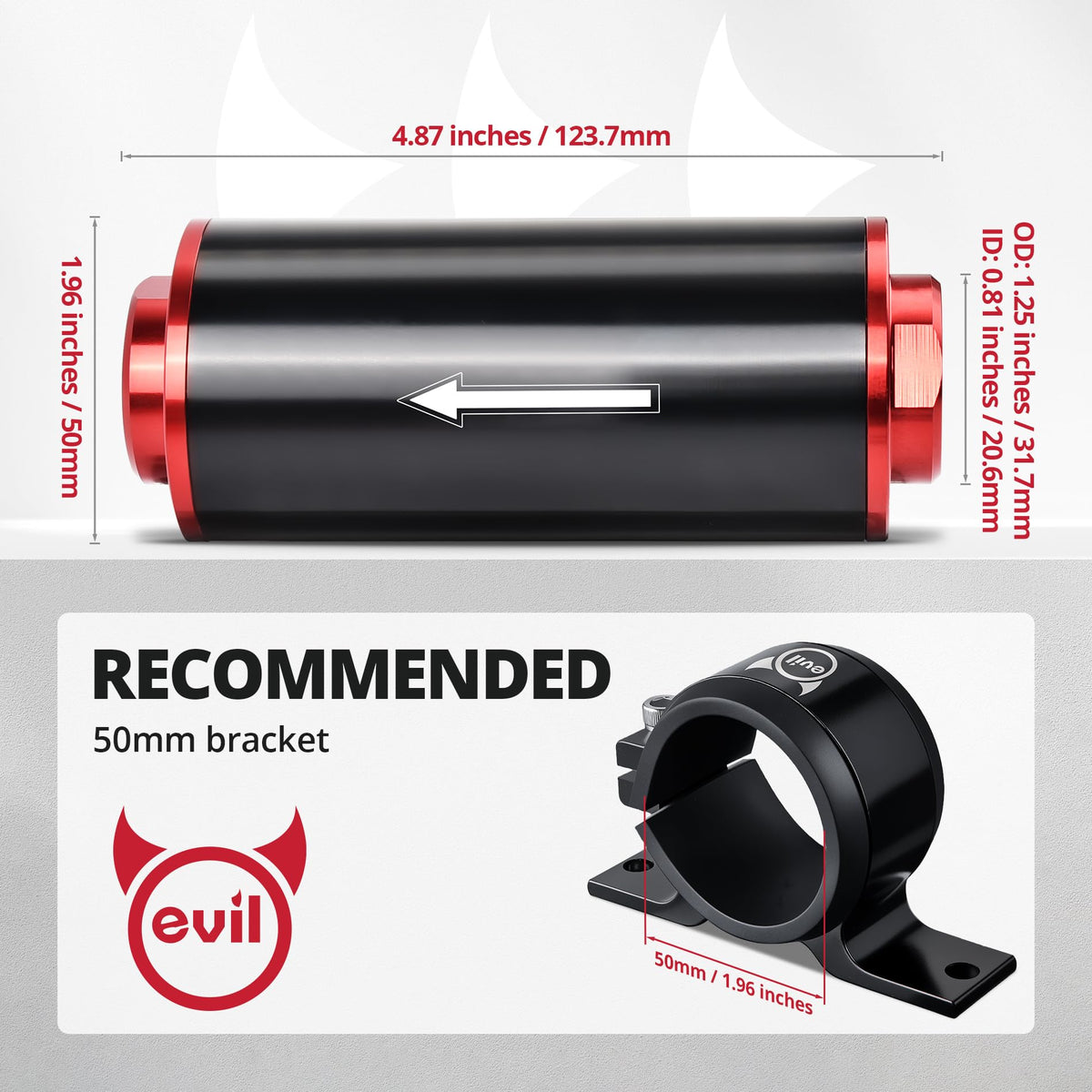 EVIL ENERGY 50mm bracket clamp securing the filter for stable vibration-resistant mounting