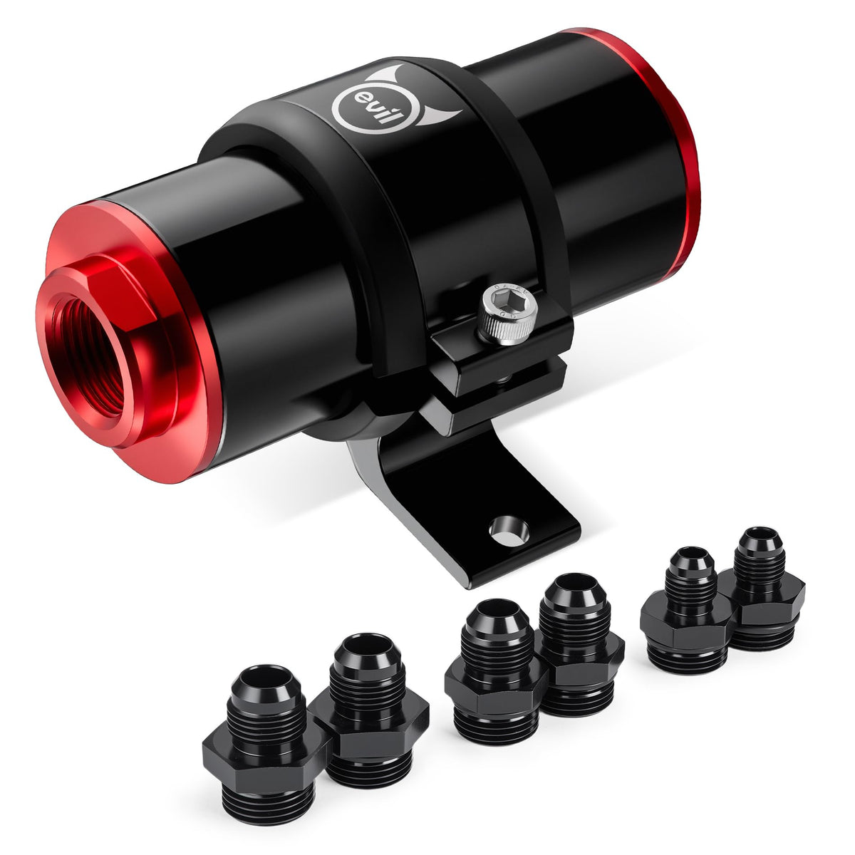 EVIL ENERGY front view of red inline fuel filter showing canister and finish for durable protection