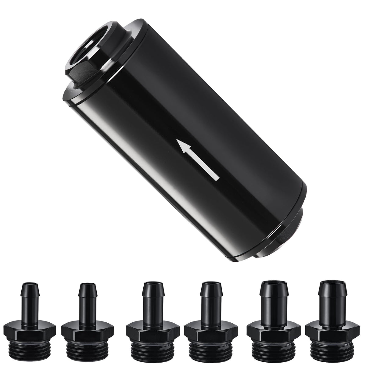 EVIL ENERGY front view of aluminum inline fuel filter showing compact can and inlet benefit protection