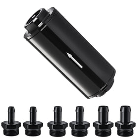 EVIL ENERGY front view of aluminum inline fuel filter showing compact can and inlet benefit protection