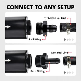 EVIL ENERGY array of AN and barb adapters displayed for universal hose compatibility