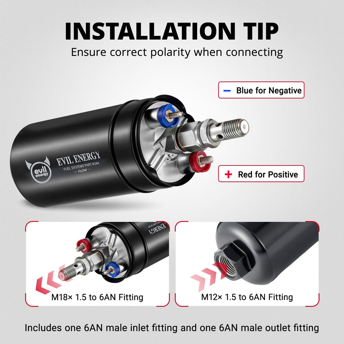 EVIL ENERGY pump label showing flow specs for easy verification and selection