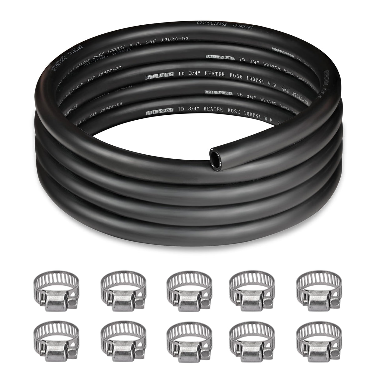 EVIL ENERGY front view of 10ft heater hose kit showing full package and clamps for easy install