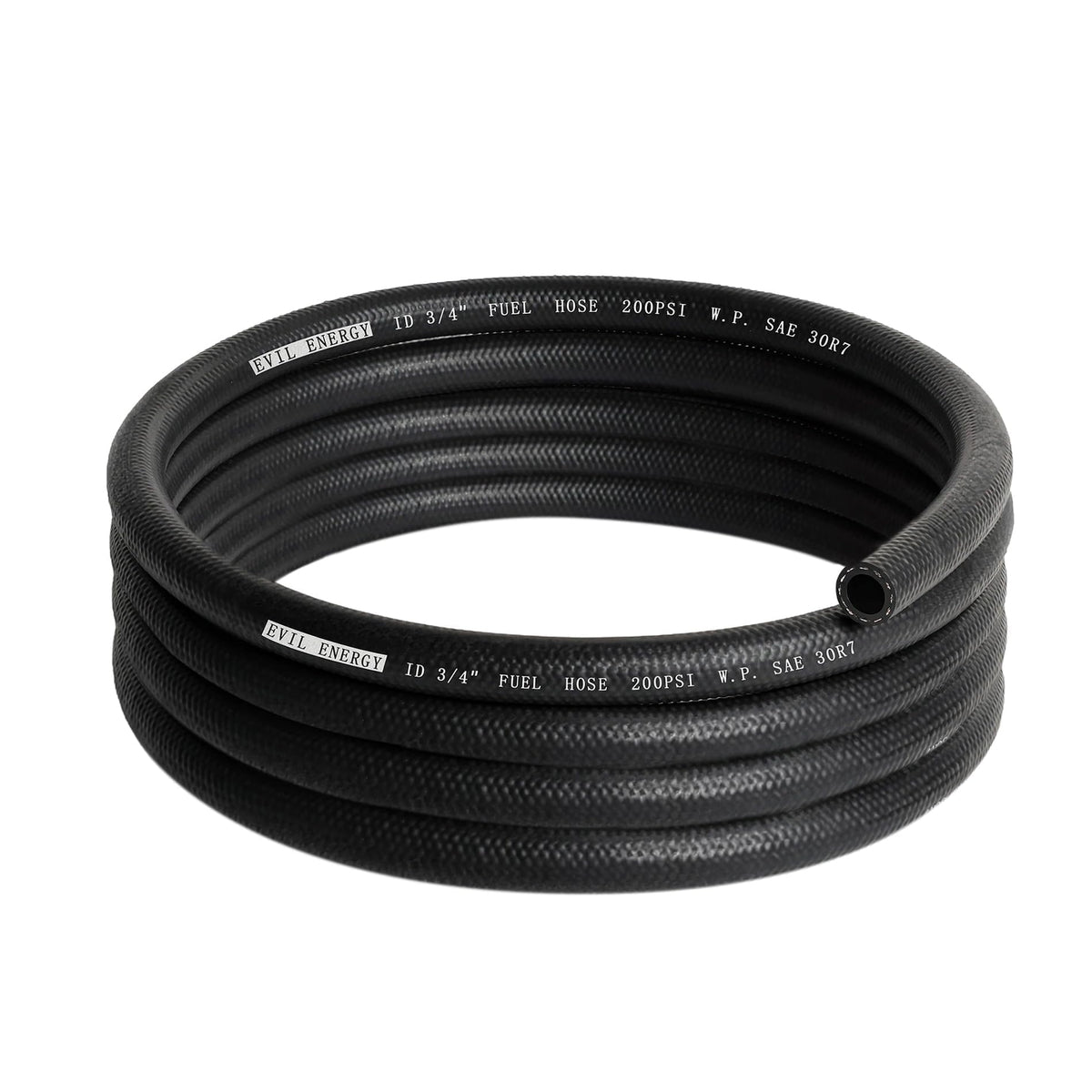 EVIL ENERGY front view of 3/4" fuel hose showing full 10ft length and label, durable supply line