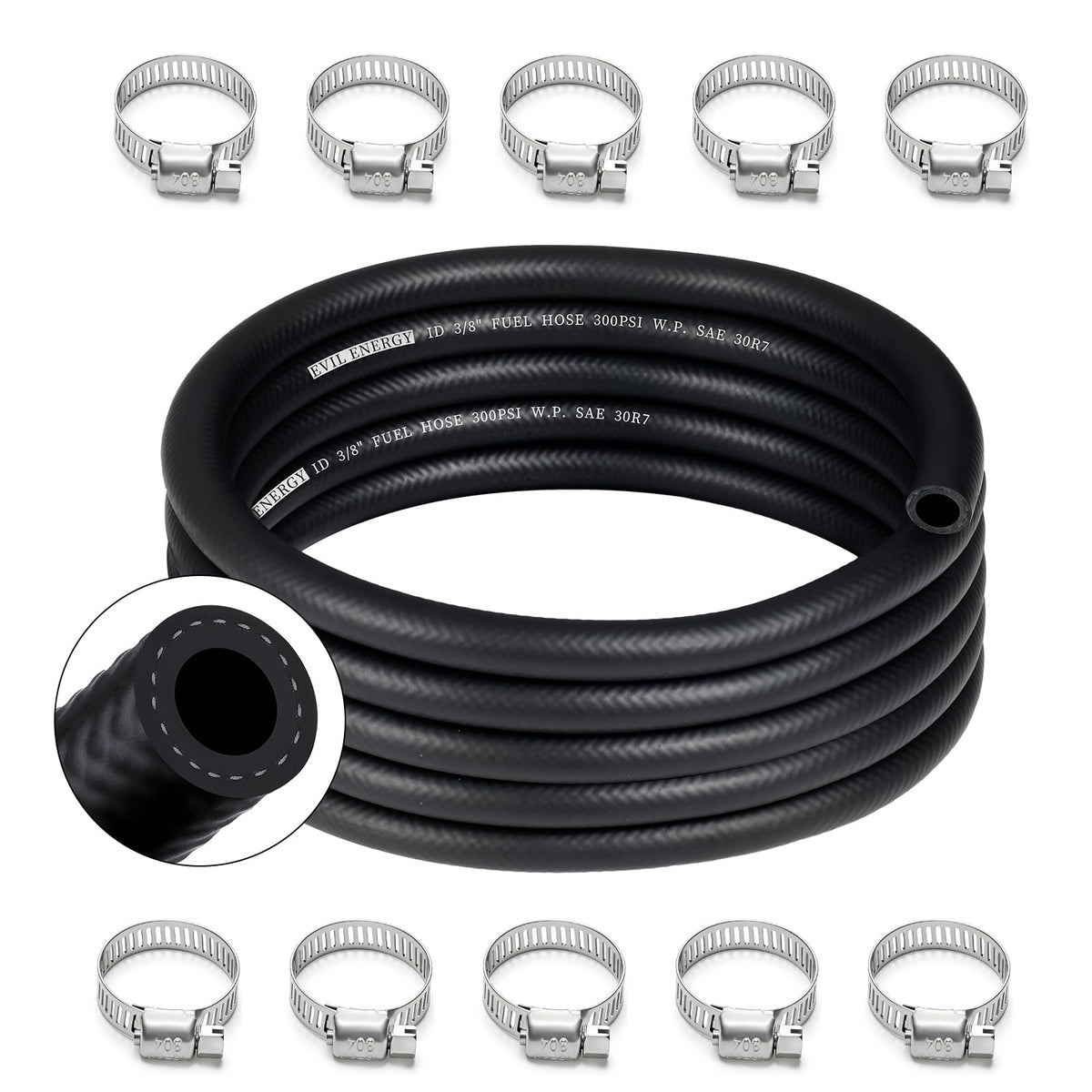 EVIL ENERGY front view of 10ft 3/8" fuel hose kit showing packaging and included clamps for fast install