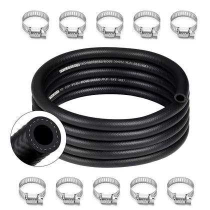 EVIL ENERGY front view of 10ft 3/8" fuel hose kit showing packaging and included clamps for fast install