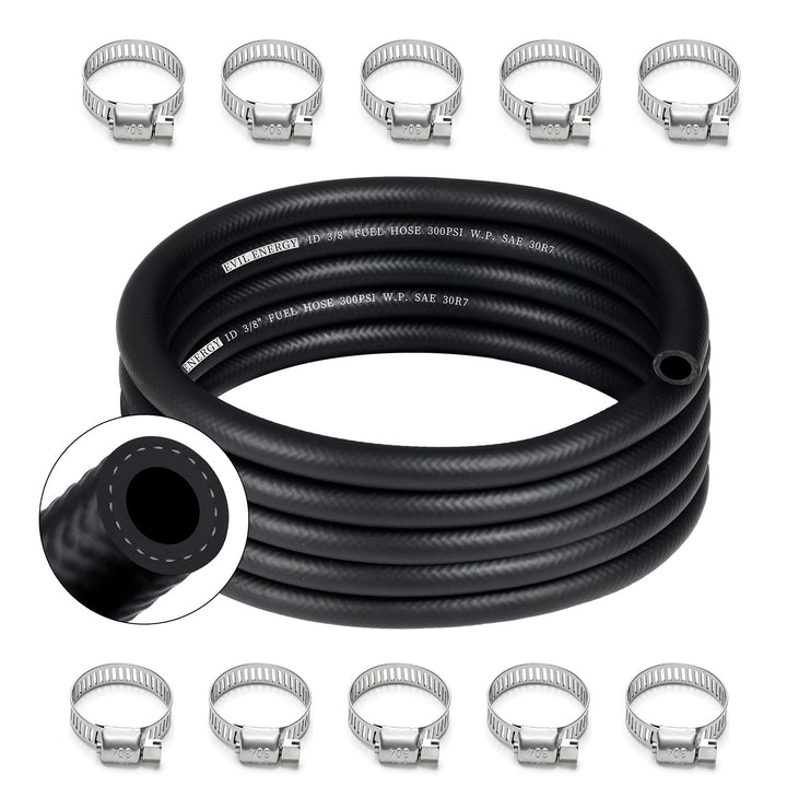 EVIL ENERGY front view of 10ft 3/8" fuel hose kit showing packaging and included clamps for fast install