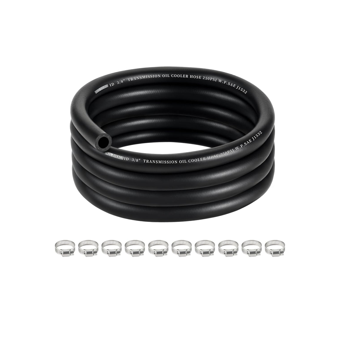 EVIL ENERGY front view of 3/8" transmission hose showing length and fittings for easy identification