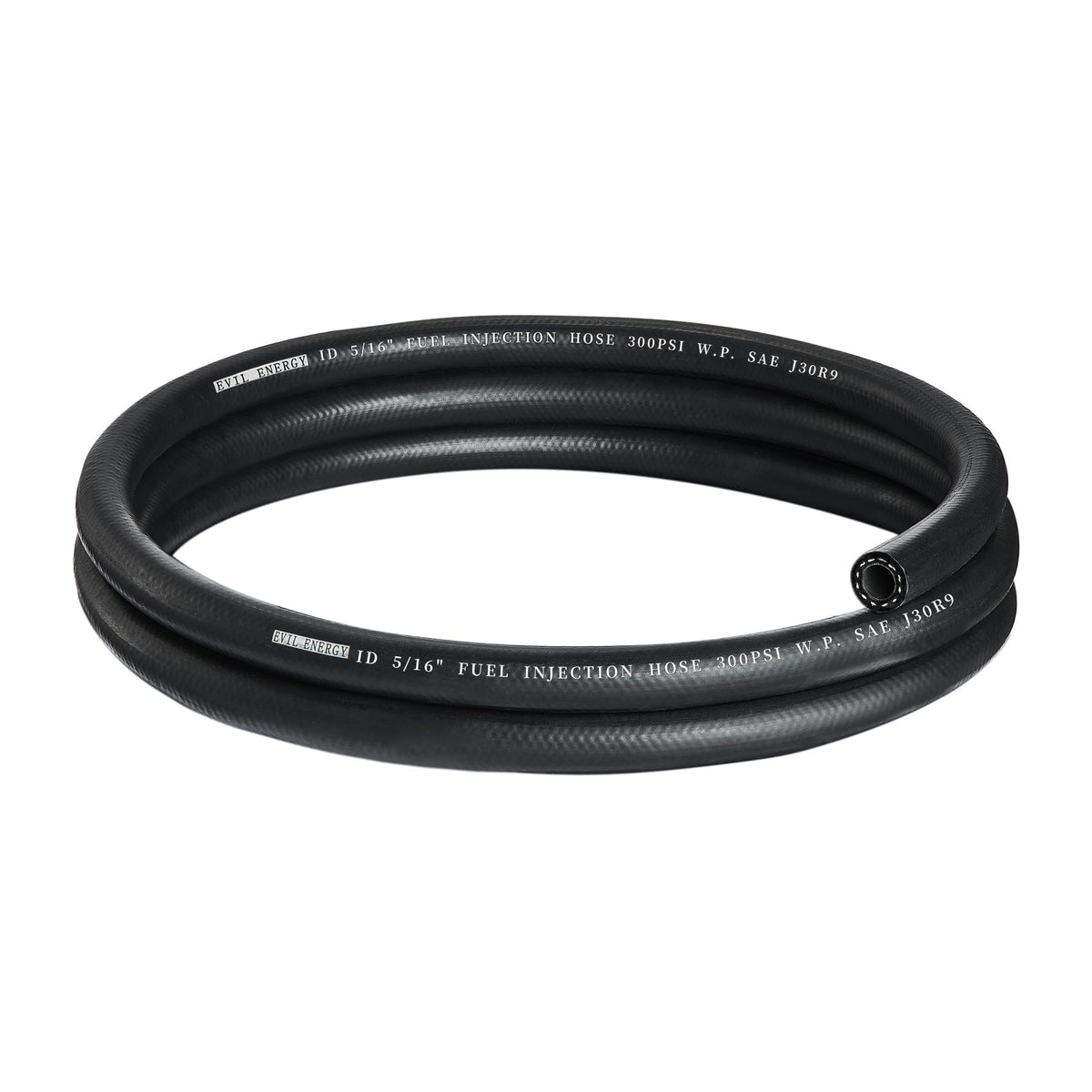 EVIL ENERGY front view of 5ft fuel hose showing label and fit benefits