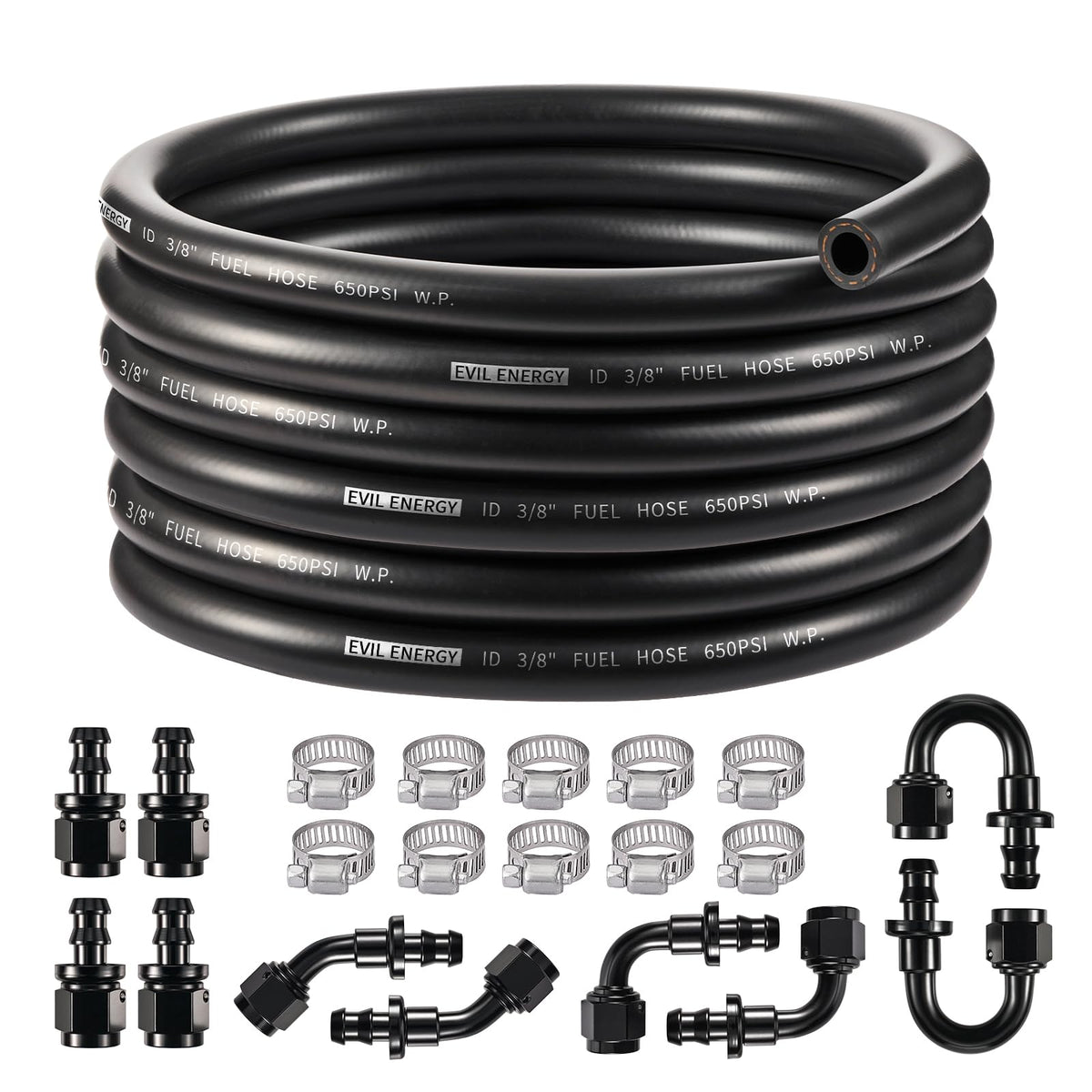 EVIL ENERGY front packaging showing the complete 6AN 3/8 fuel line kit for quick identification