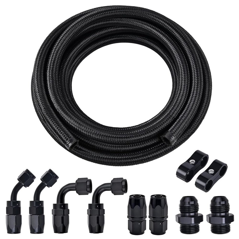 EVIL ENERGY front view of 6AN fuel line kit showing packaging and included fittings for reliable installs