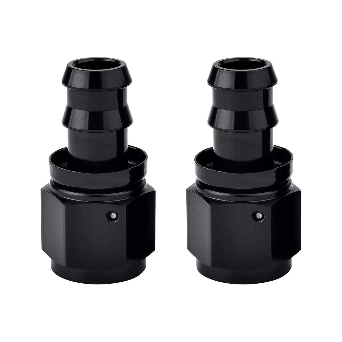 EVIL ENERGY front view of 6AN straight push-lock fittings showing black finish and shape, durable