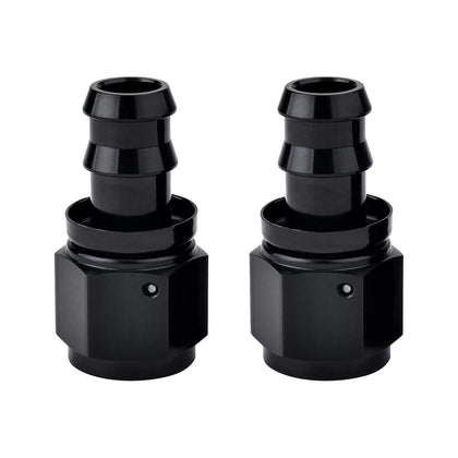 EVIL ENERGY front view of 6AN straight push-lock fittings showing black finish and shape, durable