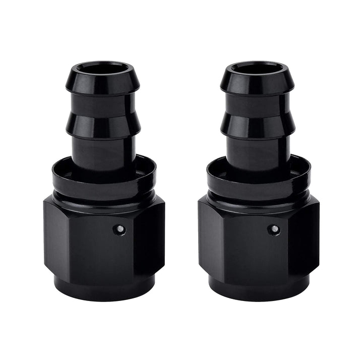 EVIL ENERGY front view of 6AN straight push-lock fittings showing black finish and shape, durable