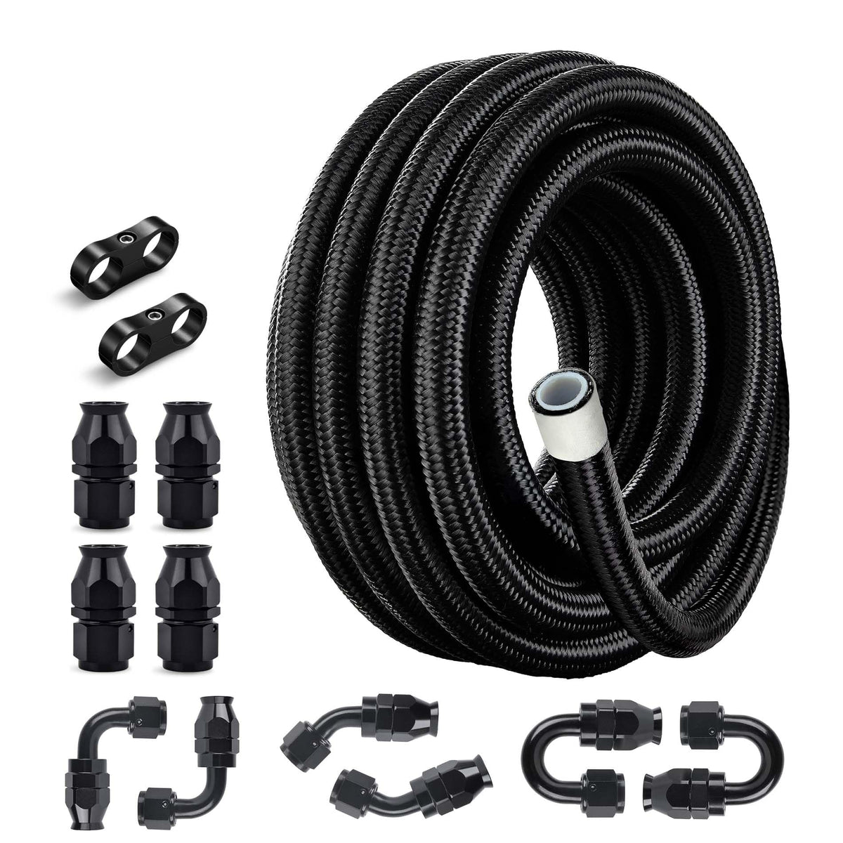 EVIL ENERGY front view of AN8 PTFE fuel hose kit showing packaging and length benefit