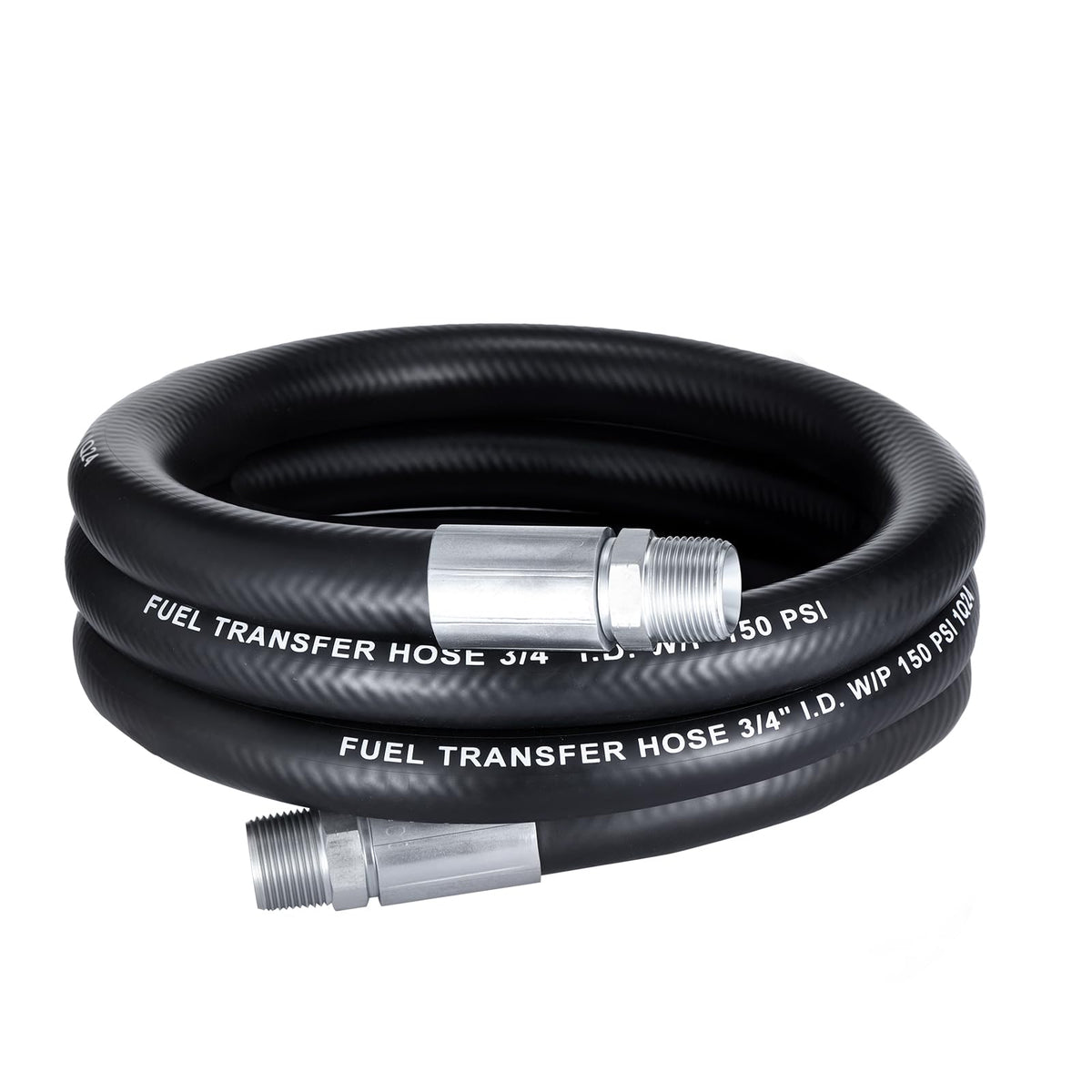 EVIL ENERGY front view of 3/4 inch 10ft fuel transfer hose showing coiled hose and label for quick identification and durability