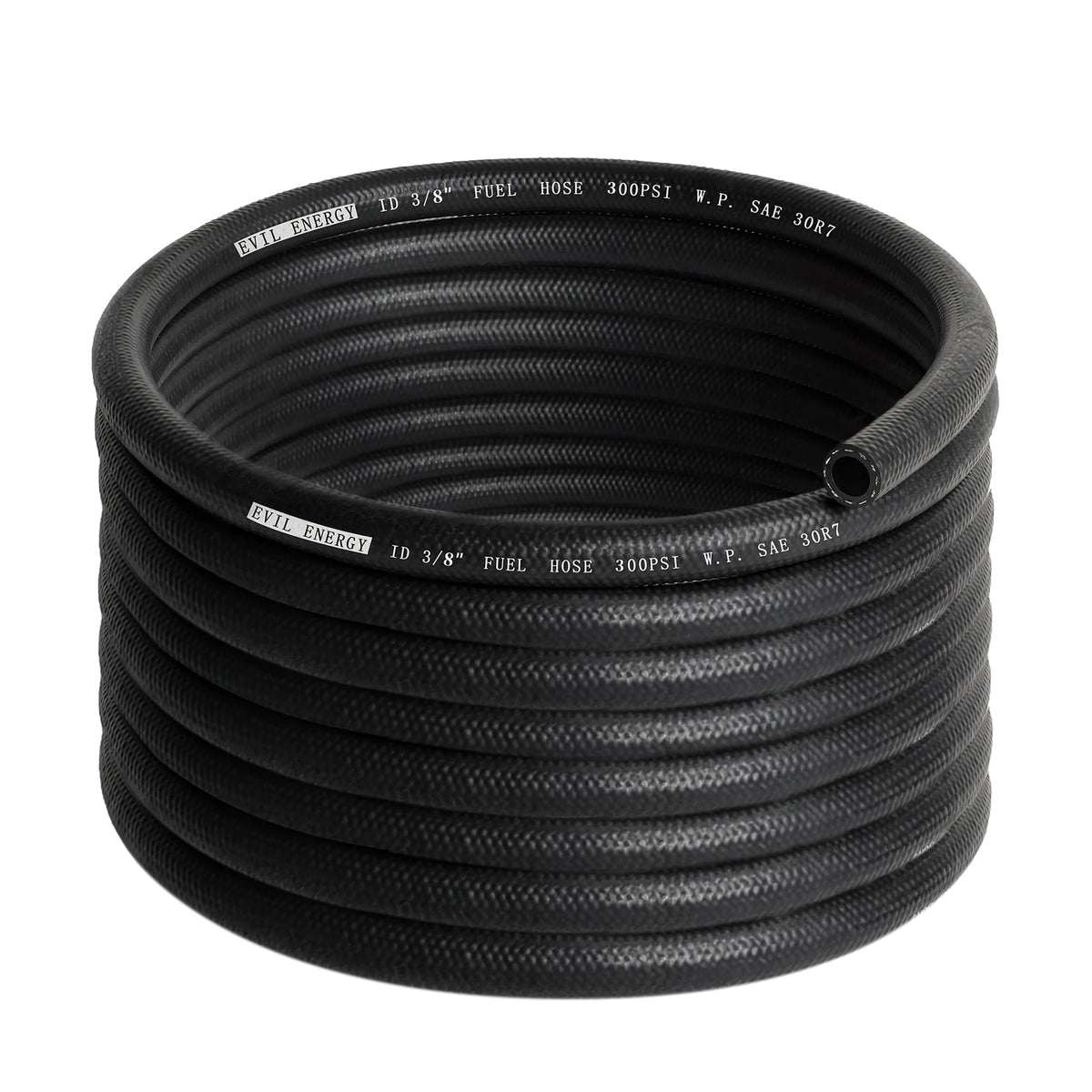 EVIL ENERGY front view of 20ft fuel hose showing length and label, durable and ready