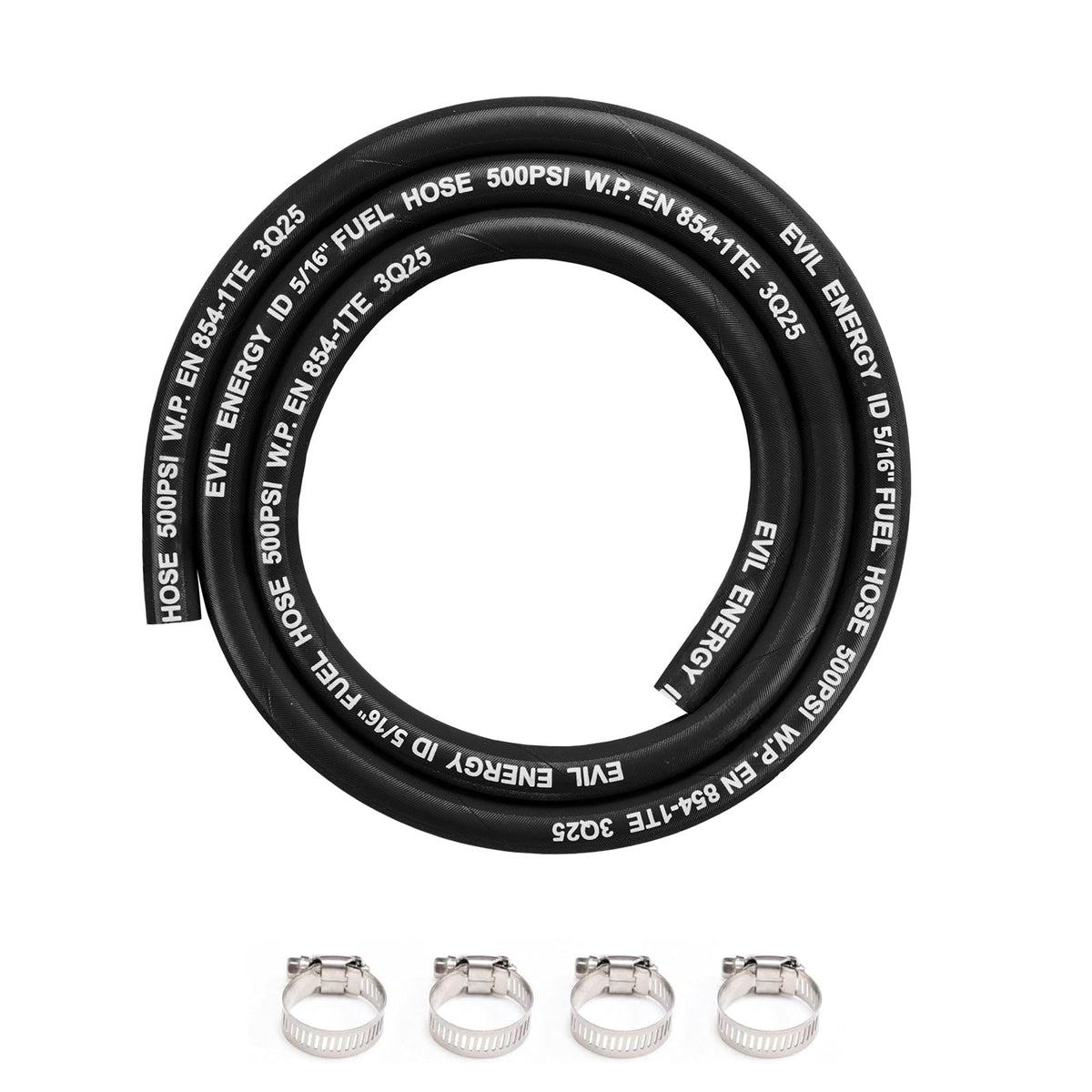 EVIL ENERGY hose front view showing full 5ft length and black finish for easy installation
