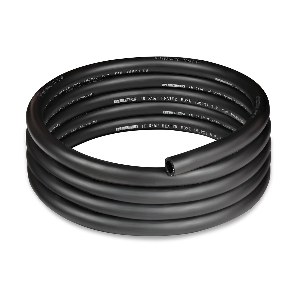 EVIL ENERGY front view of 10ft heater hose showing coil and black EPDM finish for reliability