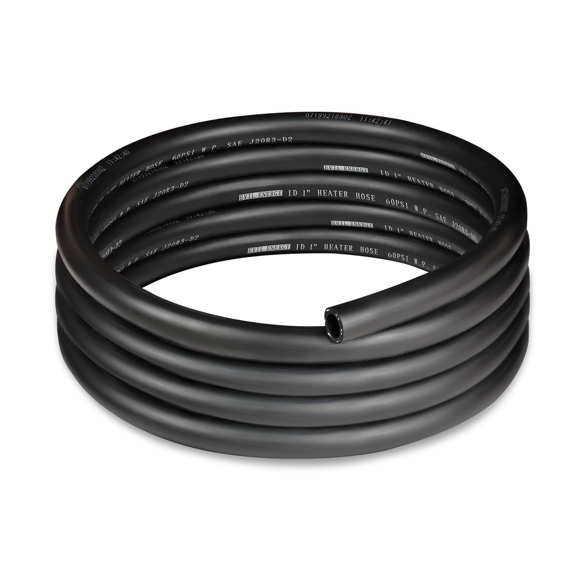 EVIL ENERGY front view of coiled 10ft heater hose showing fit and finish benefit