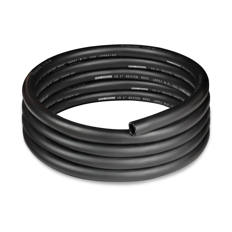 EVIL ENERGY front view of coiled 10ft heater hose showing fit and finish benefit