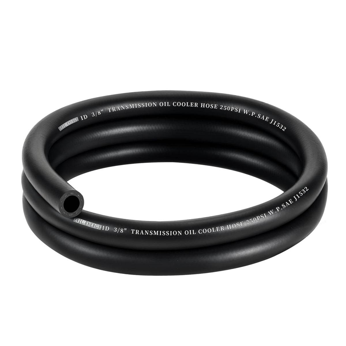 EVIL ENERGY front view of 5ft 3/8-inch transmission cooler hose showing length and label benefits