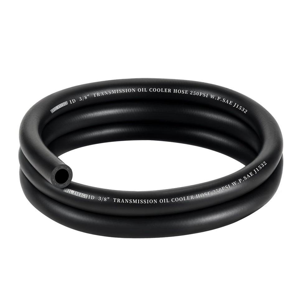 EVIL ENERGY front view of 5ft 3/8-inch transmission cooler hose showing length and label benefits