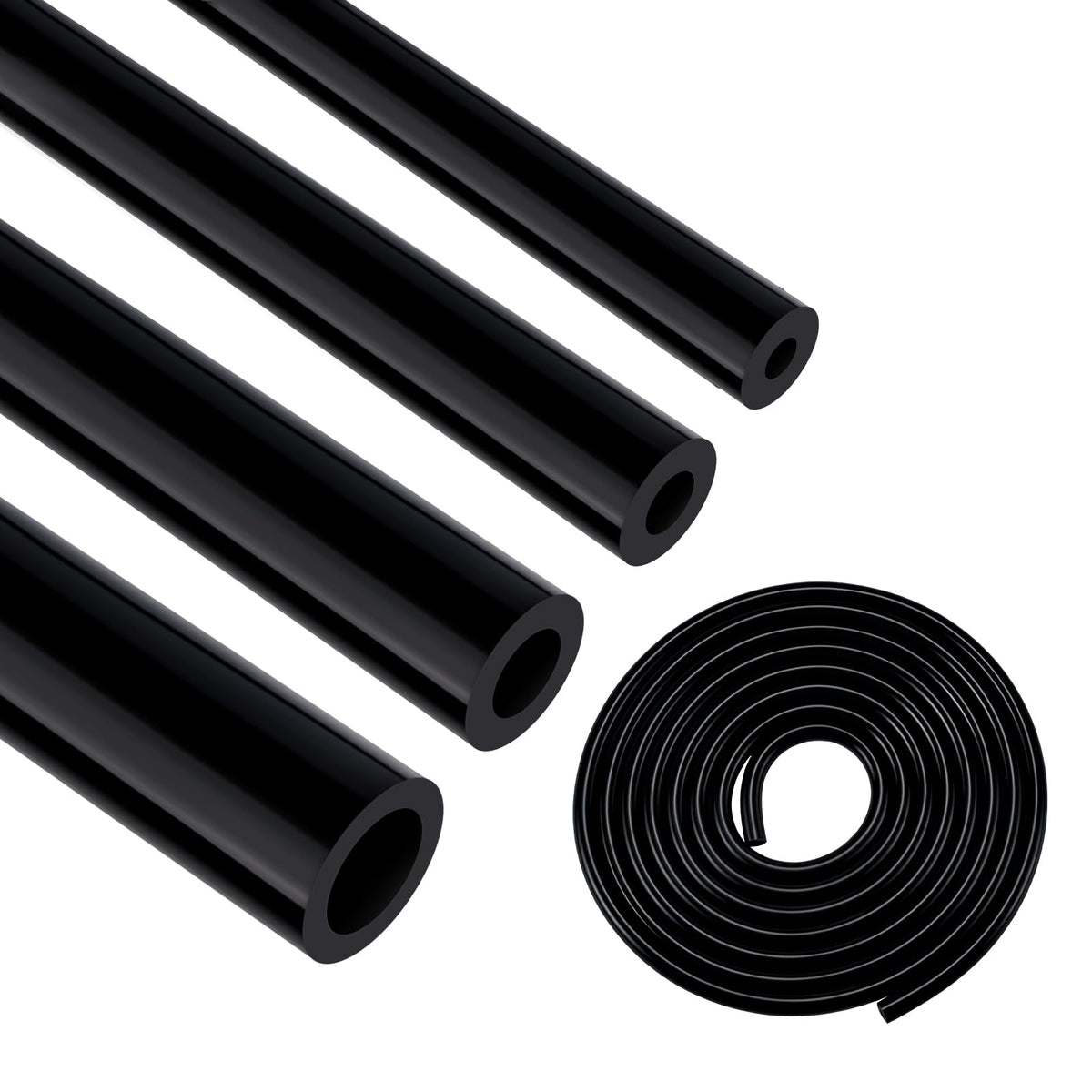 EVIL ENERGY front view of four black silicone vacuum hoses showing included sizes and length