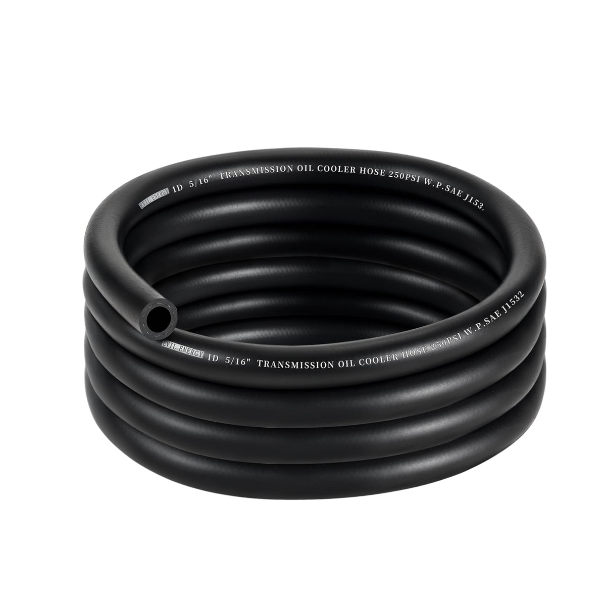 EVIL ENERGY front view of coiled hose showing length and material benefits