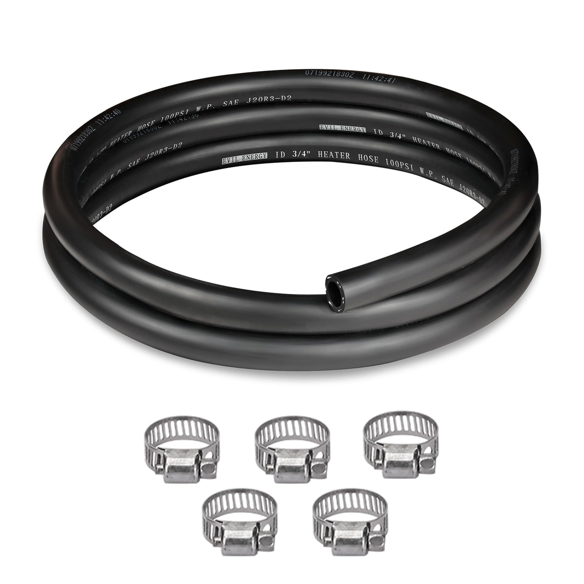 EVIL ENERGY hose front view showing full 5ft length and included clamps for quick installation