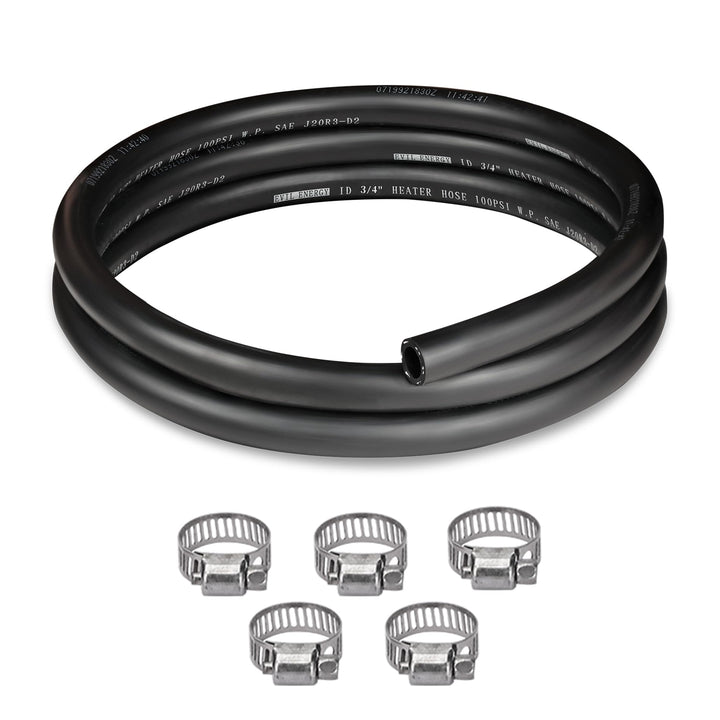 EVIL ENERGY hose front view showing full 5ft length and included clamps for quick installation