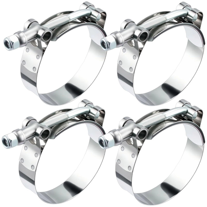 EVIL ENERGY front view of four 2.75 inch T-bolt clamps showing polished finish and hardware benefit: clear product identification