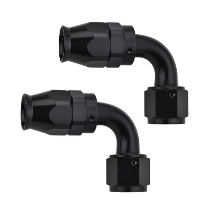 EVIL ENERGY front view of two black 8AN 90° fittings showing compact design and durability