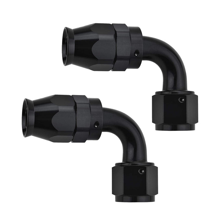EVIL ENERGY front view of two black 8AN 90° fittings showing compact design and durability