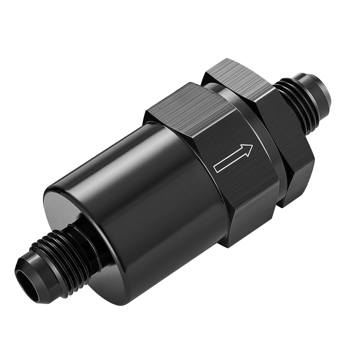 EVIL ENERGY front view billet inline fuel filter showing compact housing and 6AN ports, protects fuel system