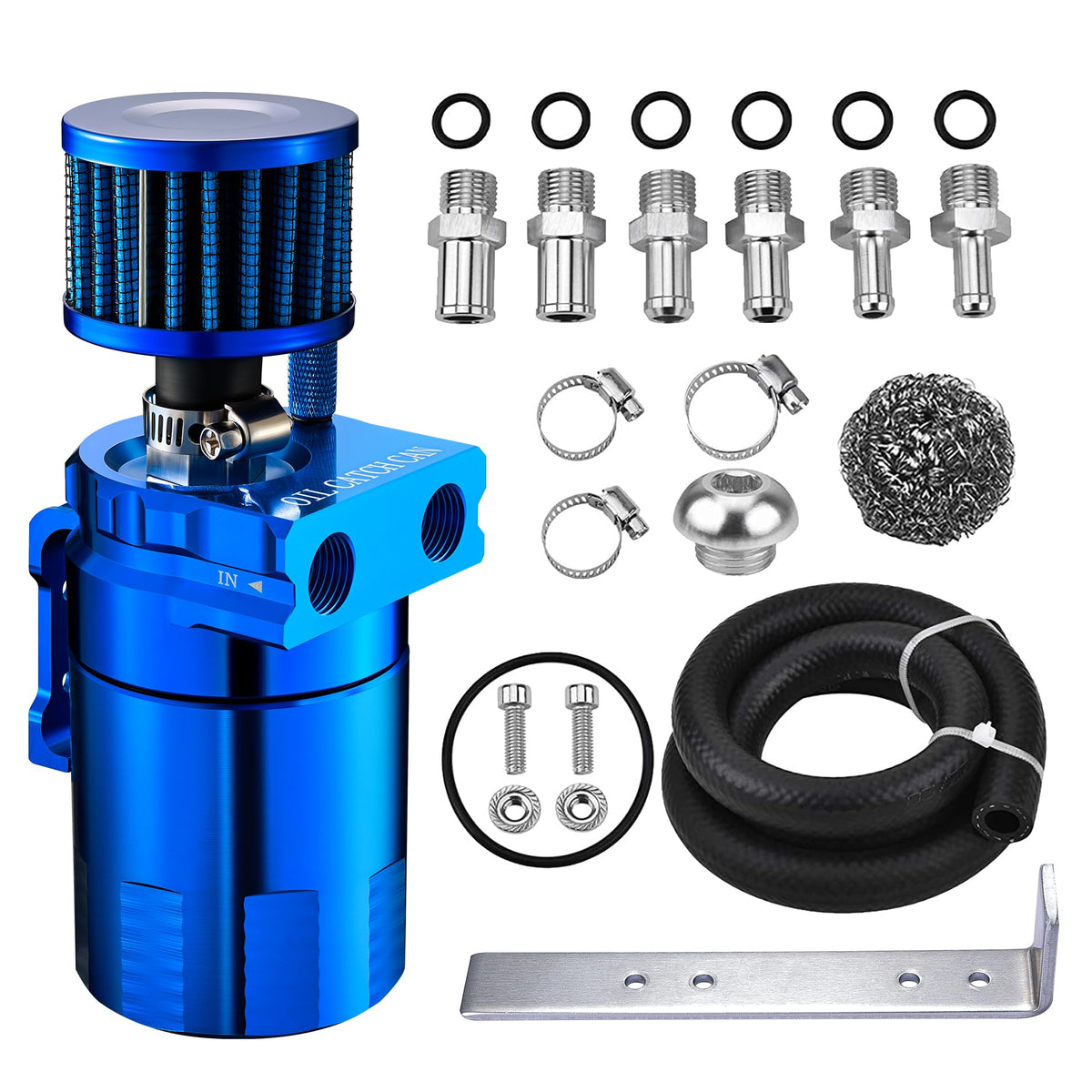 EVIL ENERGY front view of blue catch can showing compact design and fit
