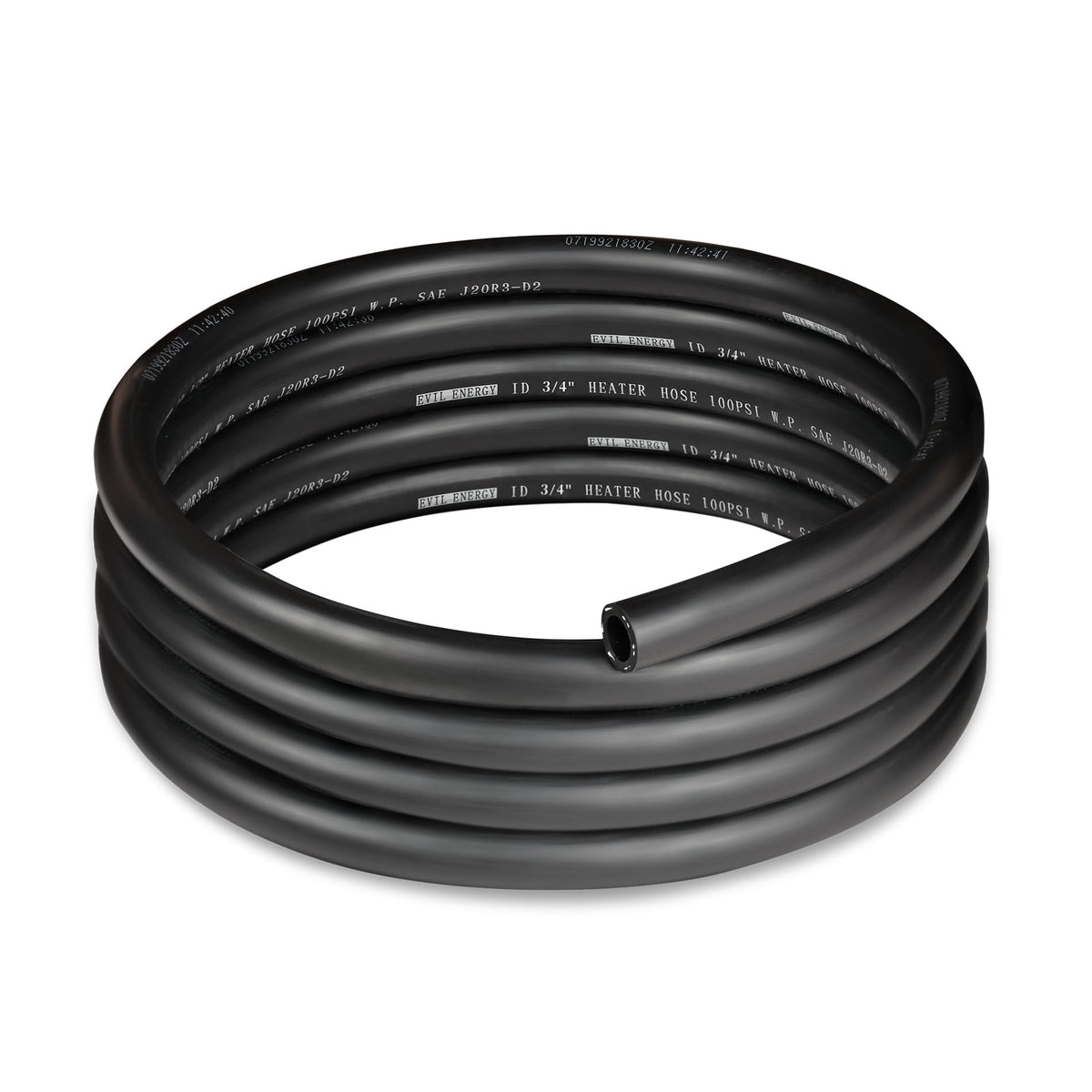 EVIL ENERGY front view of 3/4 inch heater hose showing full 10ft length and black finish benefit: easy replacement