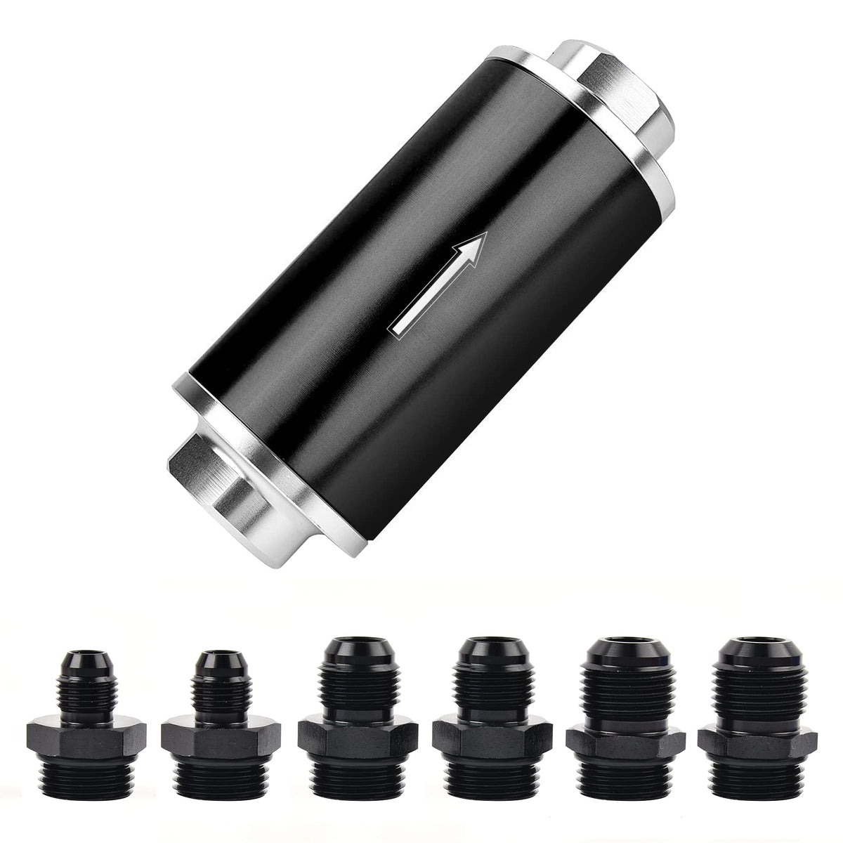 EVIL ENERGY front view of inline fuel filter showing compact housing and ports, durable build benefit