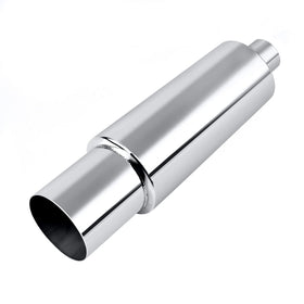 EVIL ENERGY front view polished muffler showing finished stainless look and visual durability