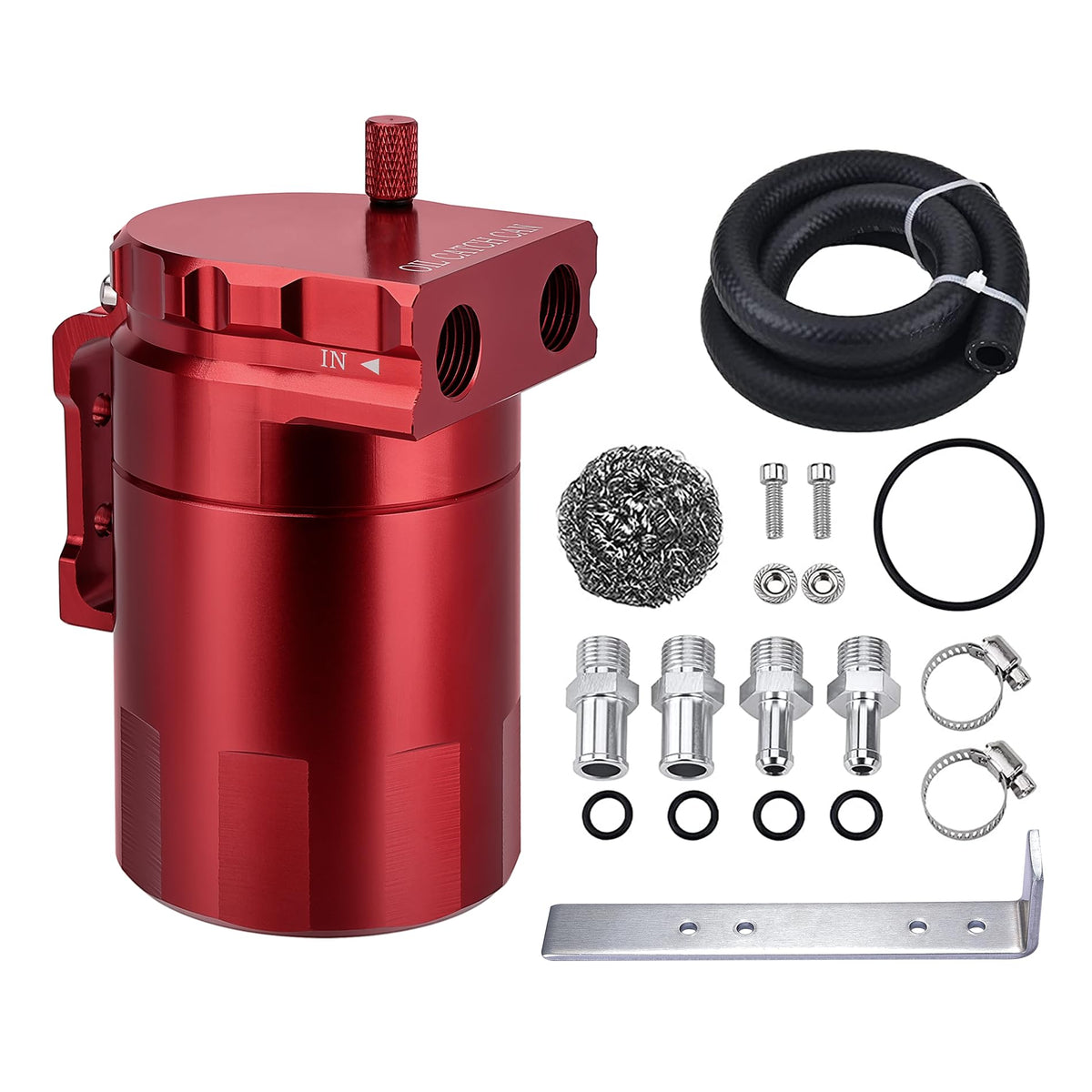 EVIL ENERGY front view catch can showing compact red tank and threaded ports, clear fitment benefit