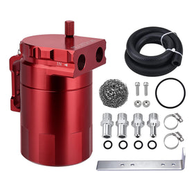 EVIL ENERGY front view catch can showing compact red tank and threaded ports, clear fitment benefit
