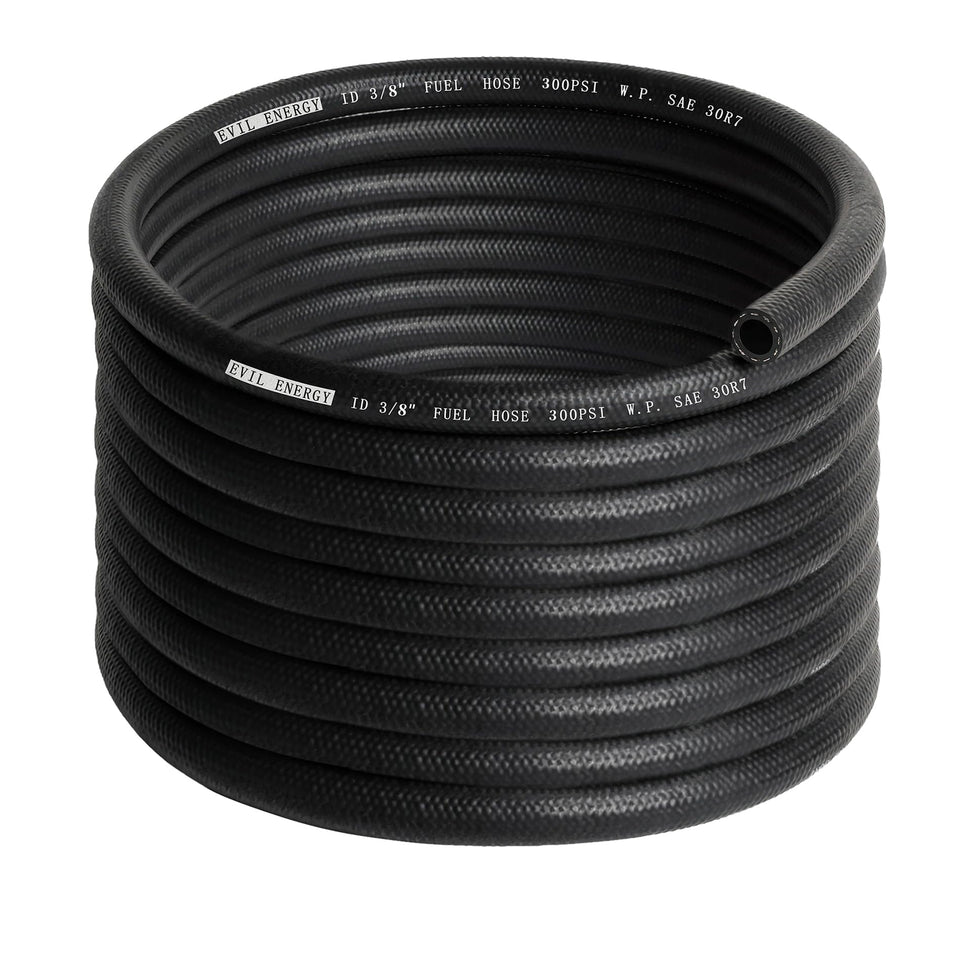 EVIL ENERGY front view of 3/8 inch fuel hose showing full length benefit