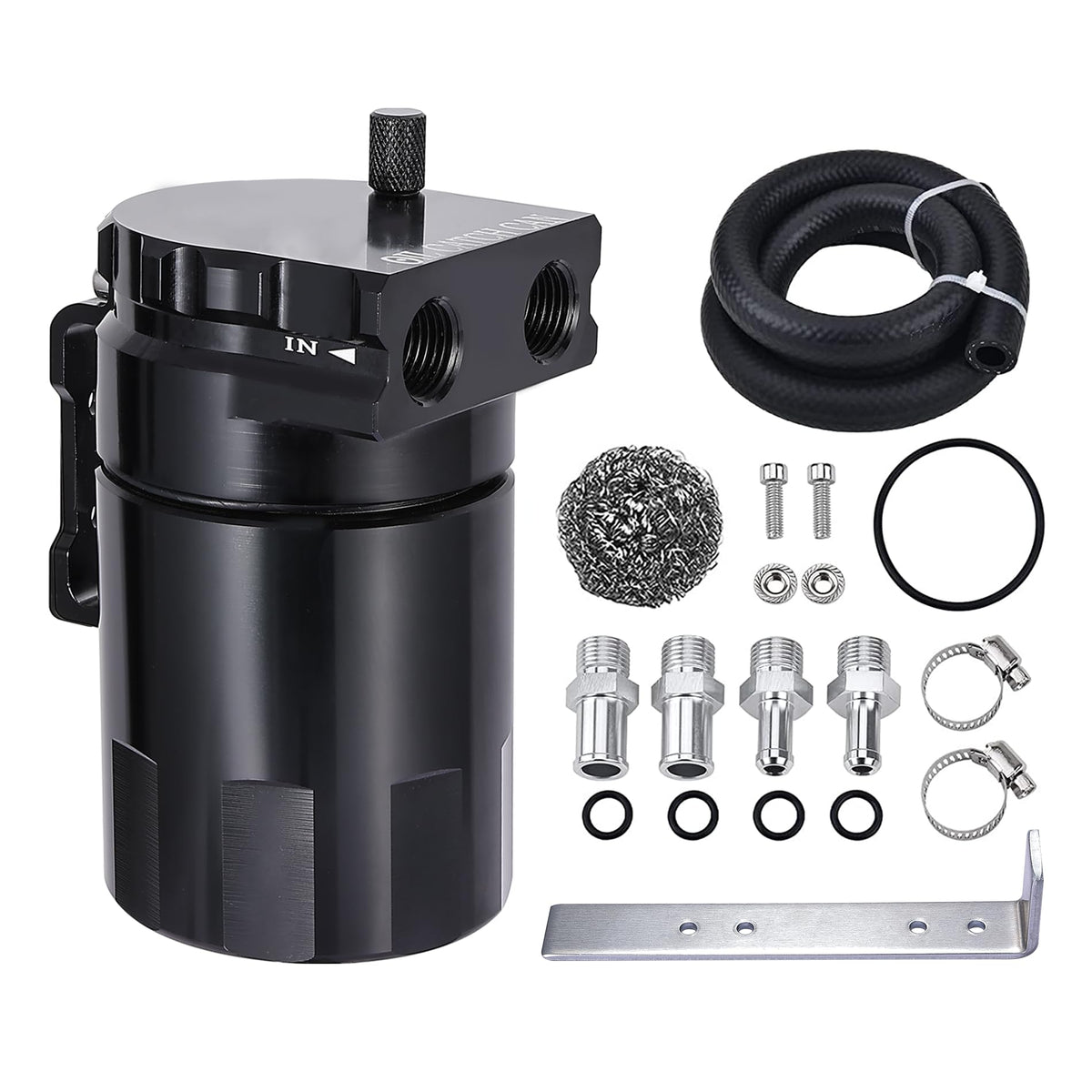 EVIL ENERGY front view of 300ml aluminum catch can showing ports and finish for reliable separation