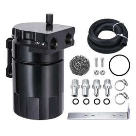 EVIL ENERGY front view of 300ml aluminum catch can showing ports and finish for reliable separation