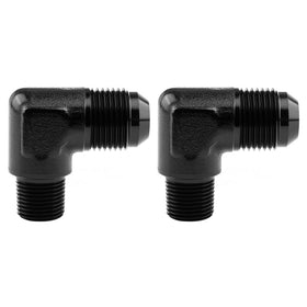 EVIL ENERGY front view of two black anodized 90 degree adapters showing compact design and corrosion protection