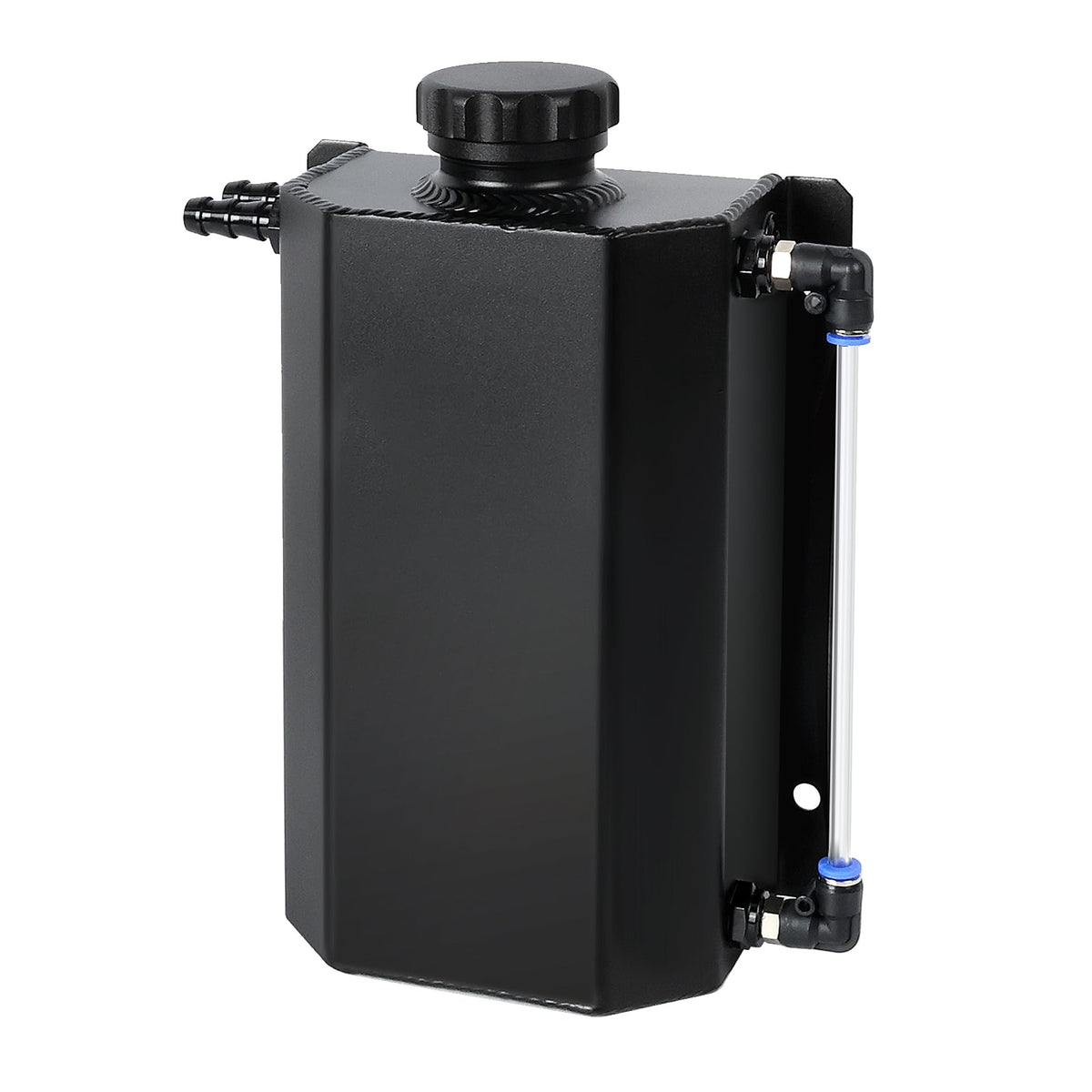 EVIL ENERGY front view of black aluminum tank showing durable finish and mounting points, improves reliability