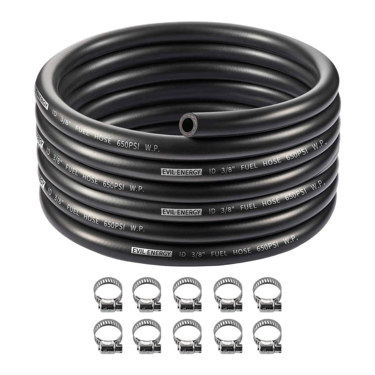 EVIL ENERGY front packaging showing 20ft fuel hose kit and clamps, highlights kit completeness