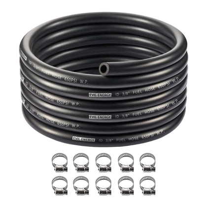 EVIL ENERGY front packaging showing 20ft fuel hose kit and clamps, highlights kit completeness