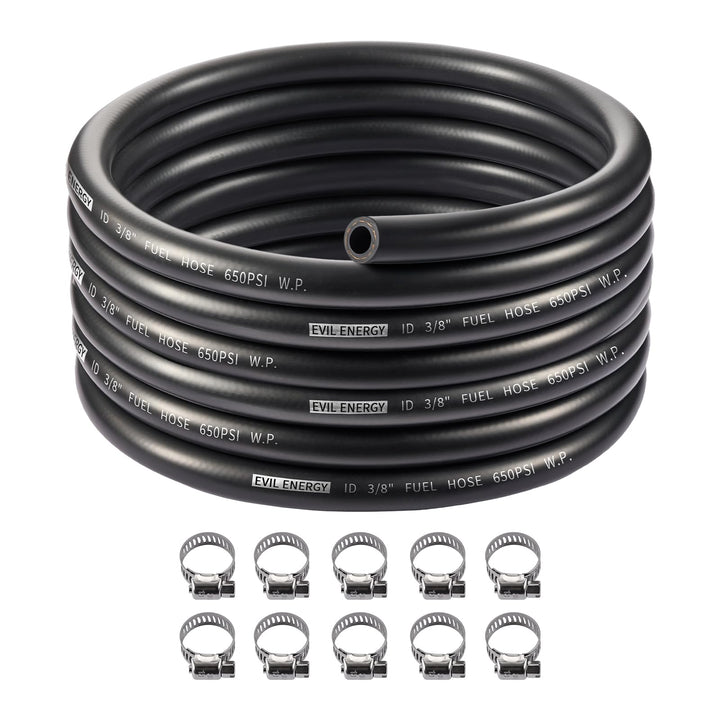 EVIL ENERGY front packaging showing 20ft fuel hose kit and clamps, highlights kit completeness